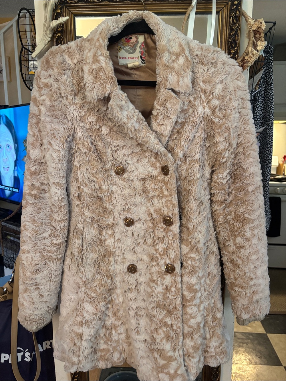 Free People Cream Faux-Fur Double-Breasted Teddy Coat